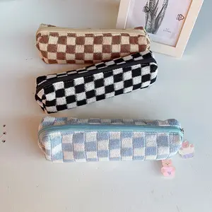 Wholesale Knitted Plaid Zipper Travel Cosmetic Makeup Bag Beauty Pouch Checkerboard School Mini Brush Pencil Case