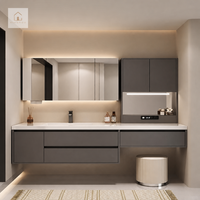 Meuble-lavabo flottant gris moderne haut de gamme XINGRUO avec double tiroir et plateau blanc, rangement personnalisé pour villa de luxe et hôtel
