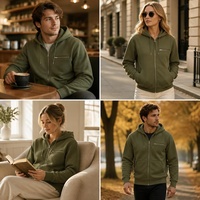 Sweat-shirt à capuche zippé vert olive brodé avec logo personnalisé, capuche à cordon, manches longues, poids du sweat-shirt entre 400-450g