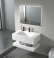 Meuble-lavabo de salle de bain LED en verre flottant à 2 niveaux, en pierre frittée à grain de bois, design moderne et luxueux, pour hôtel