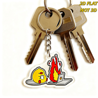 Porte-clés en acrylique 'Chick & Burning Laptop' avec oiseau jaune mignon et café entouré de flammes, accessoire humoristique anti-stress pour le travail