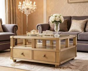 Luxury Gold Glass Top Coffee <b>Table</b> Modern Living Room Square Coffee <b>Table</b> with 2 <b>Drawers</b> - Product Image 1