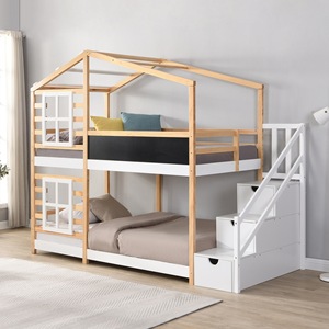 <b>Wooden</b> House-Style <b>Bunk</b> <b>Bed</b> With Stairs And Storage For Kids Bedroom Wheat-Colored Framework Structure - Product Image 1