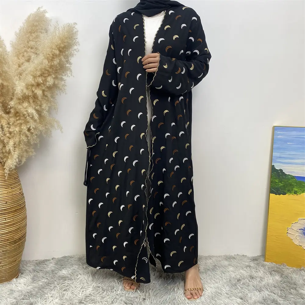 2024 Ramadan turquie EID modeste dubaï Abaya pour fille Kimono femmes musulmanes robe luxe lune broderie crêpe ouvert Abaya