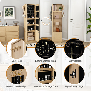 Gabinete de Maquillaje/Joyería Giratorio 360° Moderno y Ecológico <span class=keywords><strong>con</strong></span> <span class=keywords><strong>Espejo</strong></span> de Cuerpo Entero, Perchero y 4 Estantes Abiertos - Product Image 1