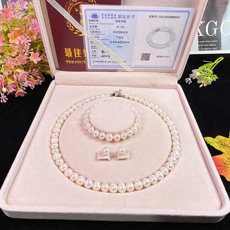 Натуральное пресноводное pearl-8mm ожерелье 925 Серебряный Комплект из трех предметов цепочка для ключиц подвеска чокер серьги ювелирные изделия оптом