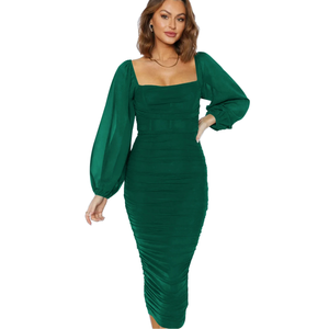Abito Vintage con maniche a sbuffo <span class=keywords><strong>da</strong></span> damigella d'onore con lunghezza Midi <span class=keywords><strong>da</strong></span> donna elegante abito Casual con collo quadrato e girovita naturale - Product Image 2