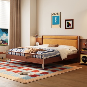 Lit moderne en bois massif de chêne avec tête de lit fine et coussin moelleux, style Bauhaus français, tailles Queen/King/Full, pour chambre à coucher - Product Image 1