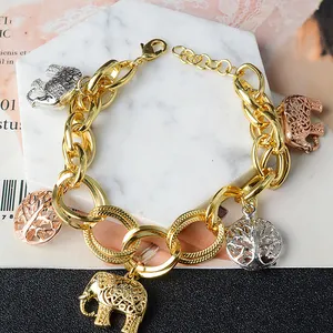 Gelang Charm Gajah dan Cabang Wanita, Gelang Rantai Tangan Tiga Warna Hadiah Pertunangan