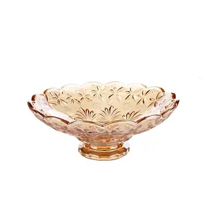 Luxury Ion Electroplated Flower Engraved Glass Fruit Bowl Arabic Dubai Style 12 Inch Golden Glass Decorative Fruit Bowl