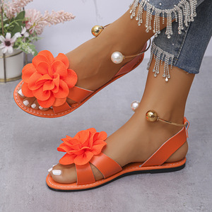 Sandali Estivi da Donna con Cinturino alla Caviglia e Fibbia, Decorati con Perle, Suola Piatta, Tomaia in PU/PVC - Product Image 4