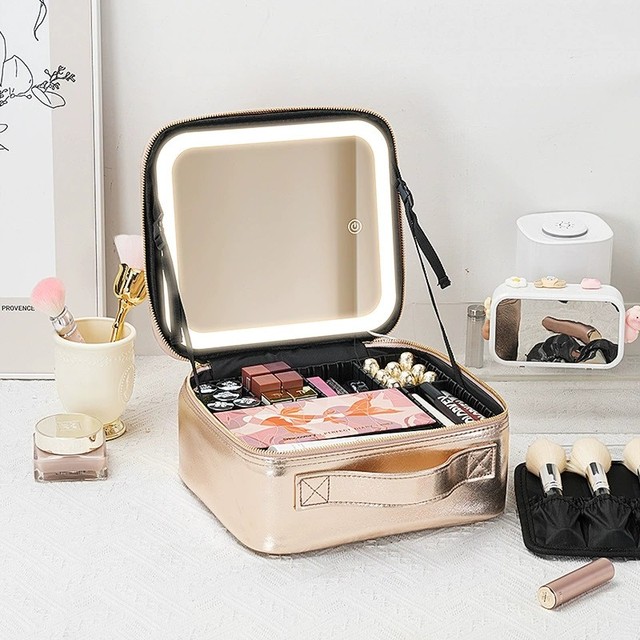 Cross-Border Portable Square Single Cosmetic Bag Mirror Led Light Silver Finish Large Capacity Makeup Case Home/Office Use