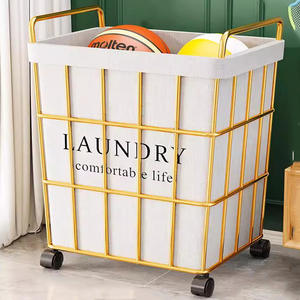Panier à linge moderne avec roulettes, chariot de rangement grande capacité pour usage domestique, cadre en acier inoxydable, doublure en tissu - Product Image 1
