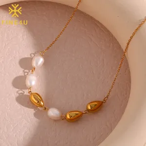 Gioielli da donna in acciaio inossidabile placcato oro a goccia ciondolo a goccia con perline collana di perle di acqua dolce naturale