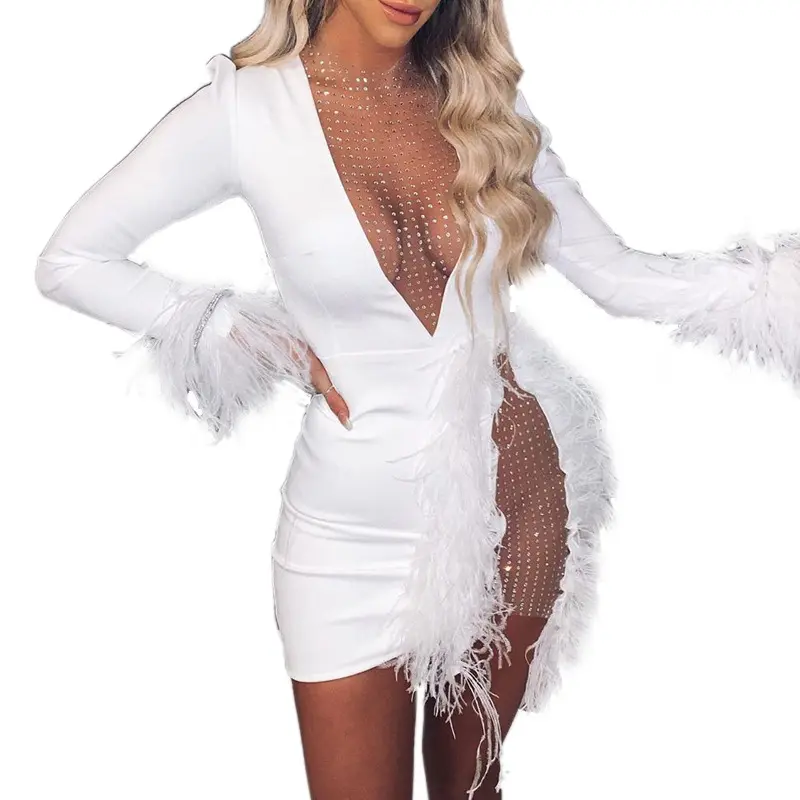 Klalien — Mini robe en maille blanche brodée pour femmes, en plumes, Patchwork, ajouré avec paillettes, robe de fête du nouvel an, élégante, référence e194
