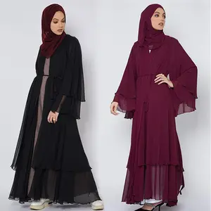 2 Layered Chiffon Abaya Solid Color Open Abaya Caftan Kimono Dubai Turkey Kaftan Cardigan Muslim Dresses for Women Islamic Cloth