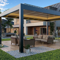 Pergola motorisée de luxe en aluminium bioclimatique avec éclairage LED, toit à lames orientables, portes coulissantes en verre, pergola de patio