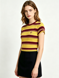 Yellow <strong>Red</strong> Striped Knit <strong>Cropped</strong> T-Shirt Women Short Sleeve Slim Fit Embroidered Casual <strong>Top</strong> - Product Image 2