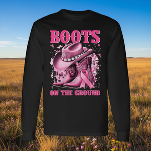 Camiseta de manga larga con estampado de botas en el suelo y diseño de vaquera del oeste, para concienciación sobre el cáncer de mama, para mujer, cuello redondo, algodón, talla adulta - Product Image 3