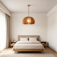 Houten pompoen hanglamp van natuurlijk hout, Japandi stijl, E27, dimbaar met afstandsbediening, LED hanglamp voor eetkamer/theesalons