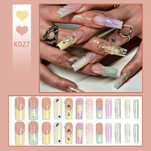 24 Pezzi <span class=keywords><strong>Unghie</strong></span> Finte Riutilizzabili in ABS con Pressione a Dito, Fantasiose 3D Pastello Lunghe a Coffin Ombré con Fiori 3D e Perle, Dettagli Astratti a Spirale - Product Image 2