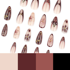 Fournisseur d'ongles : 30 <span class=keywords><strong>faux</strong></span> ongles en acrylique personnalisés, motif floral 3D marron, forme amande moyenne, style French - Product Image 5