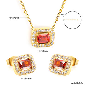 Parure Collier et Boucles d'Oreilles Rectangulaires Style Européen et Américain, Zircon Rouge Grenat, Bijoux de Soirée pour Femme, Pendentif Géométrique, Tonalité Or - Product Image 4