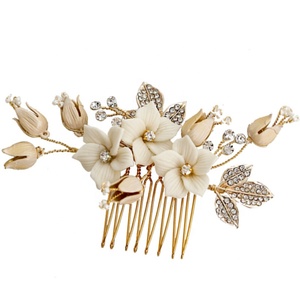 Fancy Small White Clay Flower Gold Leaves High Quality Rhinestone Bridal <strong>Hair</strong> Comb Handmade <strong>Floral</strong> <strong>Hair</strong> <strong>Accessories</strong> for Wedding - Product Image 5