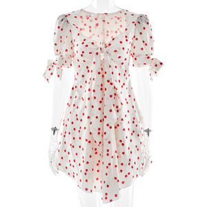 Robe à manches courtes pour femmes à pois, col en V profond, avec lien à nouer, respirante, décontractée, pour tous les jours - Product Image 5