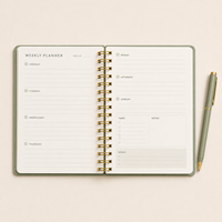Agenda hebdomadaire 2026, carnet spirale vert olive, couverture en PU, reliure métallique dorée, lot d'autocollants, logo personnalisé, vente en gros