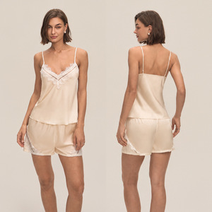 Ensemble pyjama en soie pour femmes, avec dentelle, col en V, sans manches, short, vêtements de nuit, couleur unie, finition satinée, lingerie d'été, 2 pièces - Product Image 6