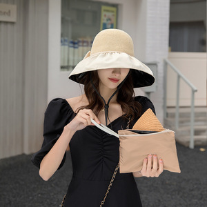 Women Summer Sun Hat Wide Brim Bow Korean Style Foldable Fisherman Hat Upf 50 Anti Uv Protection Solid Color Cotton - Product Image 2
