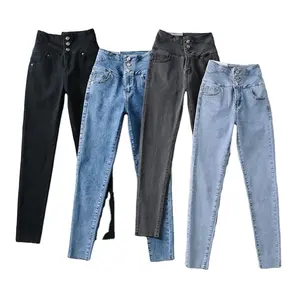 Hete Verkoop 3 Knopen Skinny Kleine Voeten Denim Potlood Womens Jeans Effen Kleuren Pantalones De Mujer