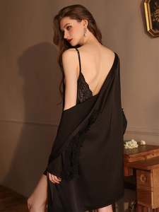 Sfy8279 - Conjunto de 5 piezas de lencería sexy de satén de nailon/spandex para mujer, pijama, camisón con tirantes, vestido con cuello en V y borde de encaje, bata de baño, ropa de dormir - Product Image 4