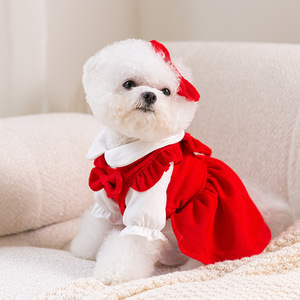 Spring and Autumn Puppy <b>Bow</b> Dress Set, Medium and Small Dog and Cat New Year Pet Clothes - Product Image 1