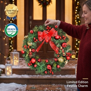 Guirlande de Noël artificielle réaliste avec nœuds rouges et baies pour la décoration de la porte d'entrée, livraison rapide - Product Image 1