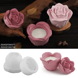 3D Rose Fleur Bougie Pot Moule Plâtre Boîte De Rangement Bougie Conteneur Moule Silicone Béton Pot De Fleur Moule pour Résine Epoxy Art