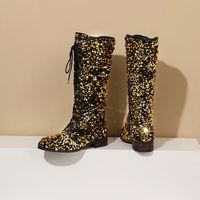 Bottes mi-mollet pour femmes en gros d'usine, automne-hiver 2023, chaussures tendance, paillettes bleues, bout rond, talons bas, bottes pour femmes