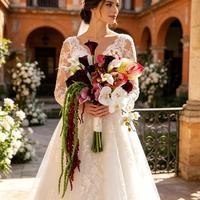 M995 Kaskadierender Tropischer Hochzeitsstrauß Dunkelviolette Calla-Lilie Weiße Orchidee Rosa Anthurium Hängender Amaranth Brautstrauß
