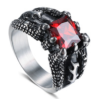 Bague pour homme en acier inoxydable de style gothique vintage exagéré avec griffe de dragon en rubis