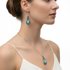 European American Style Jewelry <b>Set</b> Turquoise Gourd Teardrop Necklace Earrings Zinc Alloy Party Fashion <b>Set</b> - Product Image 3