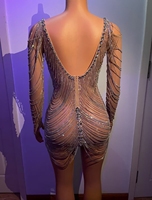 Mini robe de soirée à glands avec chaînes en strass scintillantes Perspective latine Pole Dance Performance Wear Stripper Outfit Women Club Dress