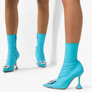 Botines de Satén <span class=keywords><strong>Azul</strong></span> al por Mayor para Mujer, Tacones Altos con Punta en Pico, Botas Cortas con Cristales - Product Image 4