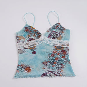 Haut de soirée sexy pour femme, style rétro artistique, imprimé floral, avec dentelle, col en V, bretelles spaghetti transparentes, nouvelle collection été 2026 - Product Image 6