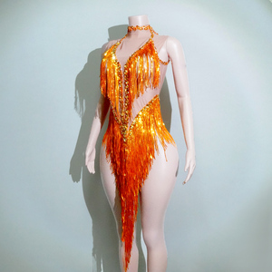 Combinaison en Spandex/Polyester à imprimé numérique avec franges en strass orange coucher de soleil, pour spectacle sur scène, showgirl, diva, drag queen - Product Image 3