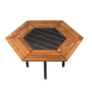 Новый дизайн открытый шестигранный 6 мест барбекю деревянный гриль стол и костер гриль для приготовления пищи