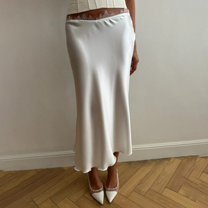 Jupe mi-longue en dentelle écologique de couleur unie pour femmes, taille basse, jupe moulante en satin pour soirée - Product Image 1
