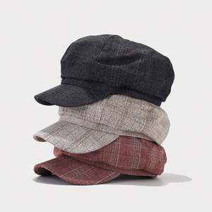 Gorra de Estilo Británico Retro a Cuadros para Mujer, Gorra de Moda Casual con Visera Corta, Gorra de Lona para Exteriores - Product Image 1