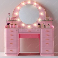 Coiffeuse moderne européenne en chêne massif avec miroir éclairé et armoire de rangement, finition rose, idéale pour appartement, réglable