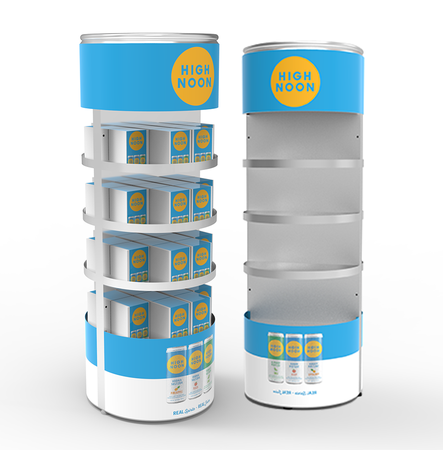 Apache Customized Yellow Metal Beverage Display Rack 4 Cylindrical Layers Floor Standing Modern Luxury Supermarkets Advertising — view 1